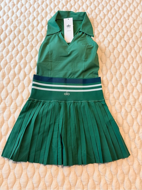ALO Yoga Dresses & Skirts - ALO Yoga Green Pleated Polo Set with White Striped Waistband